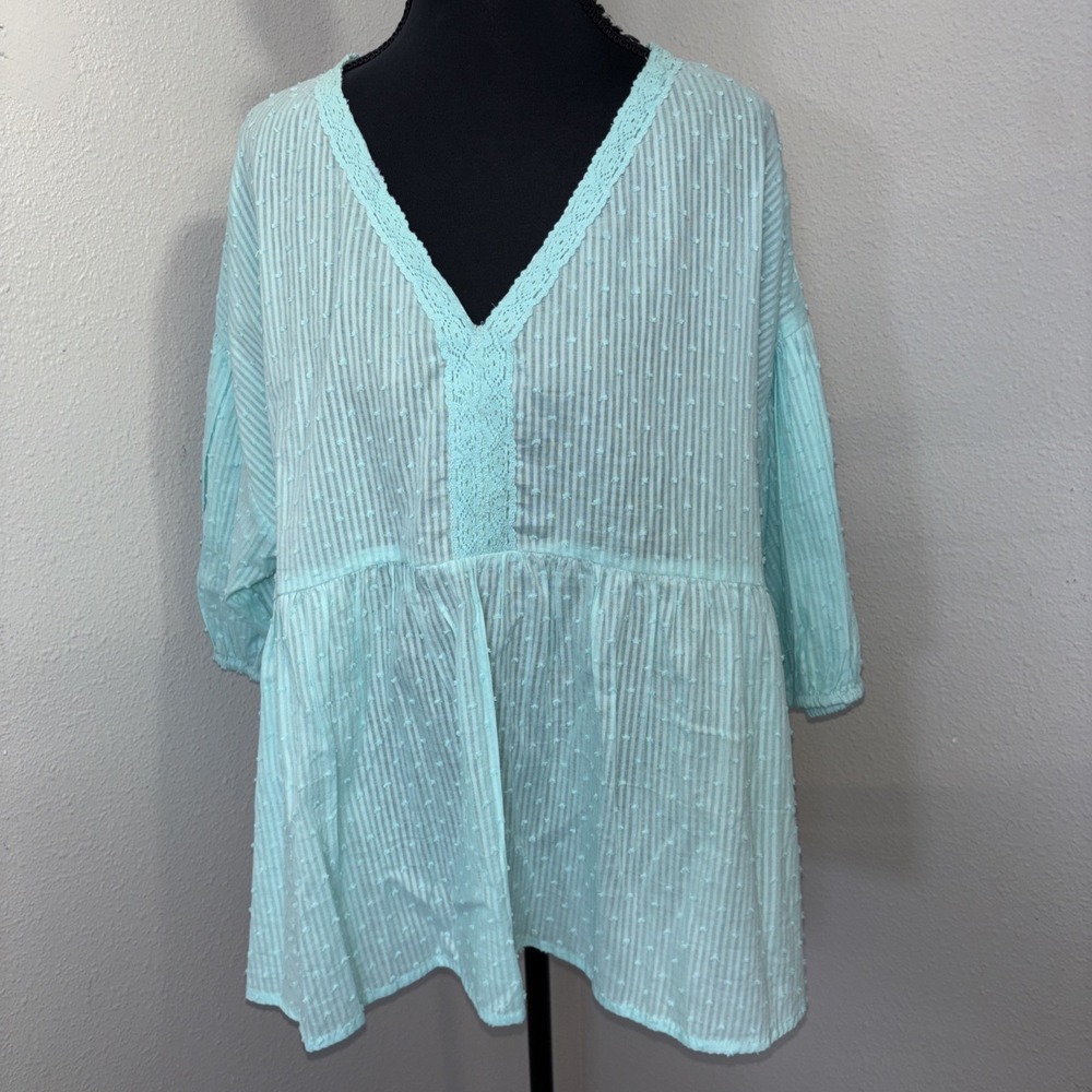 New Kaktus Tunic Top Women's 1X Turquoise Lace V Neck Detail Gauze Festival Boho